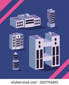 five isometric style set buildings