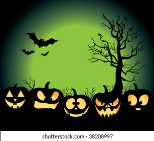 Five jack-o-lanterns sitting in a pumpkin patch, with bats, crows on a tree, and an evil green moon rising.