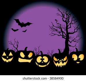 Five jack-o-lanterns sitting in a pumpkin patch, with bats, crows on a tree, and an evil purple moon rising.