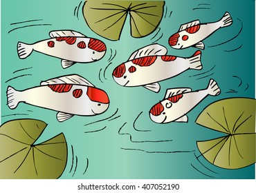 Five Japanese koi swimming in pond with waterlilies.
