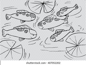 Five Japanese koi swimming in pond with waterlilies.
