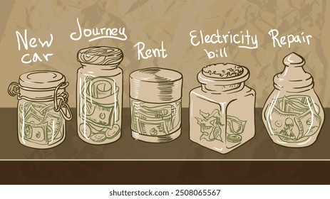 Cinco frascos con dinero para ahorros en el interior	

