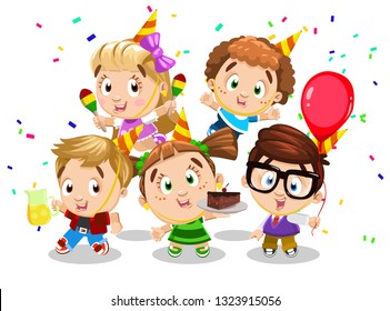 Five joyful boys and girls dancing and celebrating. Children`s party with sweets, cakes, juices, soda, birthday hats, shakers, confetti, toy balloons. Cartoon illustration.