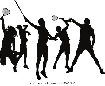 Five jumping squash players silhouettes