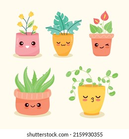 five kawaii plants set icons