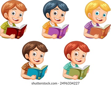 Five kids enjoying reading colorful books