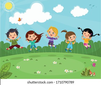 Five kids jumping in joy on a green field. Vector illustration.