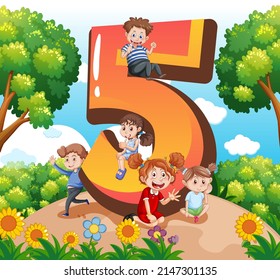 Five Kids With Number Five Cartoon Illustration