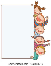 Five kids peeping behind placard.Back to School isolated objects on white background. Great illustration for a school books and more. VECTOR. Editorial. Education. Advertising. Board. 