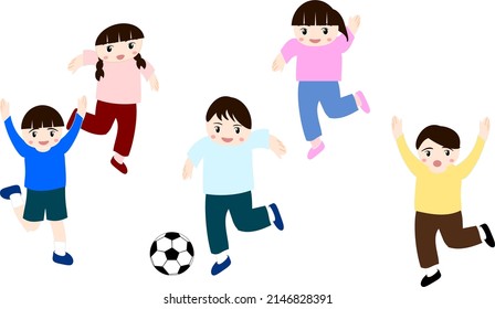 Five kids playing soccer together
