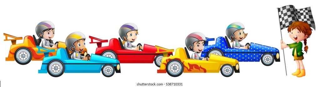 Five Kids Racing Car Together Illustration