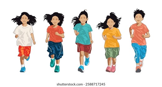 Five kids running and running happily in front view. Vector illustration, colorful.