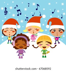 Five kids singing Christmas Carols while snow falls