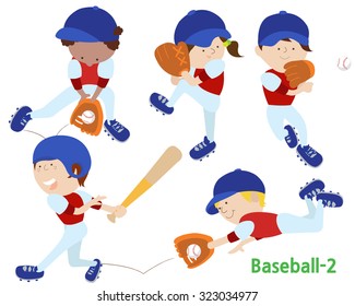 Five kids in uniform playing baseball. Each child is holding a different pose.