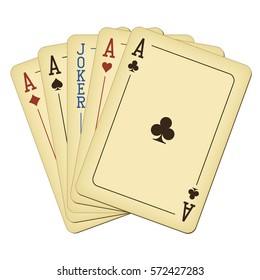 Five of a Kind - Aces and Joker - vintage playing cards vector illustration