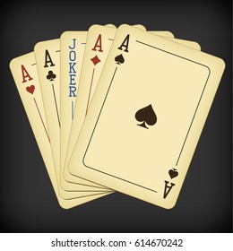 Cinco de un tipo - Aces y Joker - ilustración vectorial vintage de cartas de juego