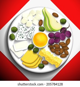 Five kinds of cheese with grapes, pear, almonds  and honey on a white plate. Vector illustration.