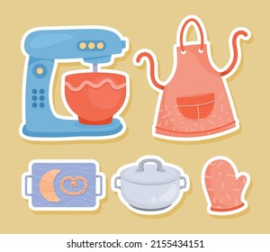 five kitchen utensils set icons