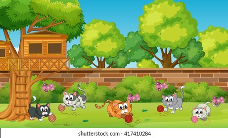 Five kittens playing in the garden illustration