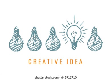 Five lamps, one of them is on. Vector concept illustration. Hand drawn sketch. Lettering creative idea.