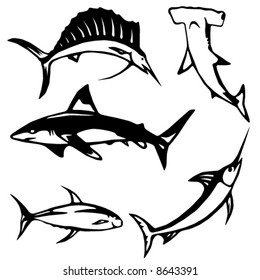 Five large ocean fish icons