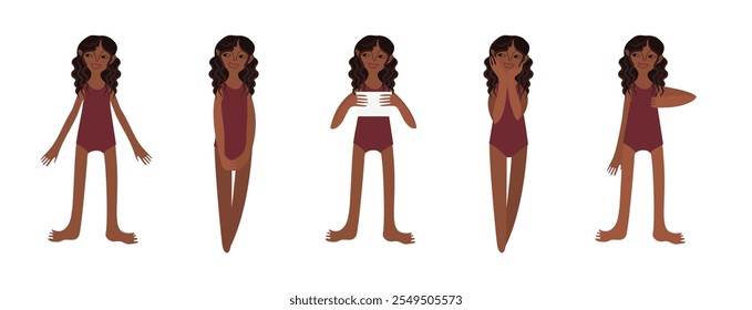 Five Latin American girls in swimsuits. Calm standing poses: thumbs up, piece of paper in hands. Brown skin tone and dark hair. Vector illustration in flat style.