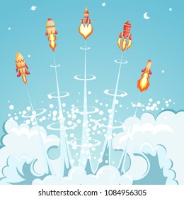 Five launching cartoon space rockets on retro background. Space vintage transport with flame and smoke. Collection of red rockets. Set of vector illustration
