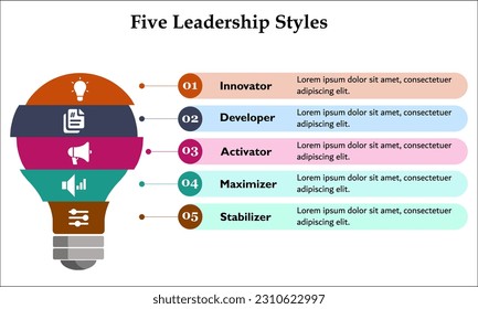 Five Leadership styles - Innovator, developer, activator, maximizer, stabilizer. Infographic template with icons