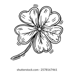 Five leaf clover. clover shape with five leaves on white background.  Vector illustration isolated on white background. Clover leaf sketch. Good luck leaf clover. Black vector engraving illustration