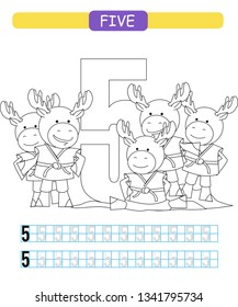 Five. Learning number 5. Coloring printable worksheet for kindergarten and preschool. Elk. 