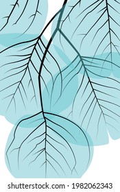 Fünf Blätter auf einem Ast in Blau. Durchsichtige Blätter in einem zarten Stil. Flora in moderner und leichter Form. Design für Karten, Poster, Hintergründe, Textilien, Vorlagen.