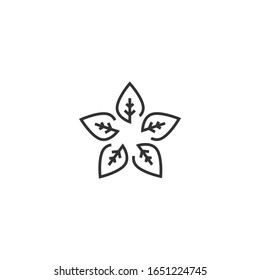 five leaves eco icon. isolated on white. Vector illustration.  Green flat leaves. Leaf organic icon. Healthy, eco, organic, vegetal, raw food logo. 