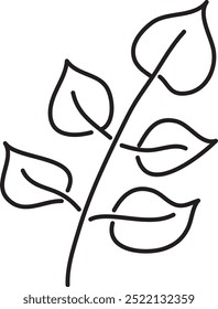 five leaves on one branch, hand drawn with black brush, white background, easy to edit, cartoon