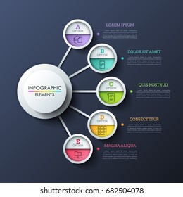 Five lettered circles connected with central round element by lines. Concept of 5 features, qualities or options to choose. Realistic infographic design layout. Vector illustration for presentation.