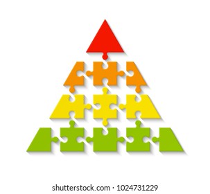Five levels color pyramid. Puzzle presentation infographic template with explanatory text field for business statistics illustration. Five stages triangle puzzle piece shape. Vector puzzle infographic