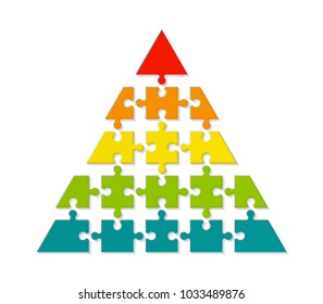 Five Levels Color Pyramid. Puzzle Presentation Infographic Template With Explanatory Text Field For Business Statistics Illustration. Five Stages Triangle Puzzle Piece Shape. Vector Puzzle Infographic