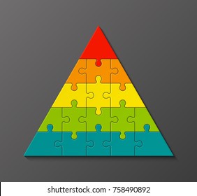 Five Levels Color Pyramid. Puzzle Presentation Infographic Template With Explanatory Text Field For Business Statistics Illustration. Five Stages Triangle Puzzle Piece Shape. Vector Puzzle Infographic