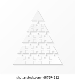 five levels pyramid puzzle presentation infographic template with explanatory text field for business statistics illustration. Five stages triangle puzzle piece shape