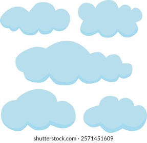 Five light blue, fluffy clouds of varying shapes and sizes against a white background. The illustration evokes a whimsical, peaceful atmosphere.