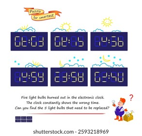 Five light bulbs burned out in the electronic clock. The clock constantly shows the wrong time. Can you find the 5 light bulbs that need to be replaced? Logic puzzle. Brain teaser book. Vector image.