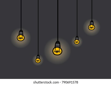 five light bulbs hanging / cartoon vector and illustration, hand drawn style, isolated on dark background.