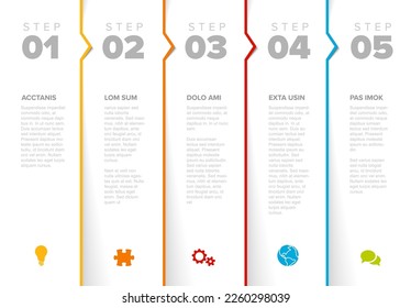 Five light vector progress block steps template with descriptions, big numbers. Five fresh vertical column stripe steps in sequence with tasks descriptions numbers and color borders