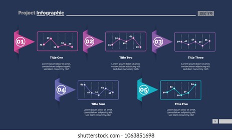 Five line charts slide template. Business data. Report, review, design. Creative concept for infographic, report. Can be used for topics like finance, analytics, marketing.