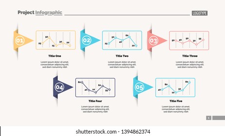 Five line charts slide template. Business data. Report, review, design. Creative concept for infographic, report. Can be used for topics like finance, analytics, marketing.