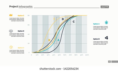 Five line charts slide template. Business data. Development, progress, design. Creative concept for infographic, report. Can be used for topics like research, analytics, banking.
