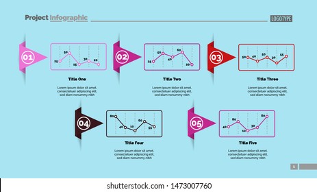 Five line charts slide template. Business data. Report, review, design. Creative concept for infographic, report. Can be used for topics like finance, analytics, marketing.