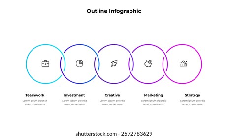 Five line circle elements in horizontal row for infographic and presentation. Concept of 5 steps of business development process