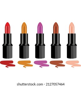 five lipsticks in red purple brown beige orange in a glossy black case on a white background