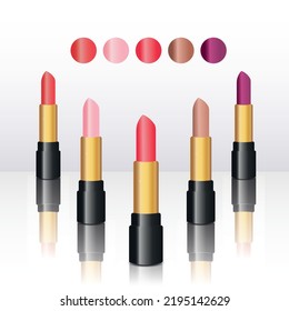 five lipsticks in red purple brown beige orange in a glossy black case on a white background 