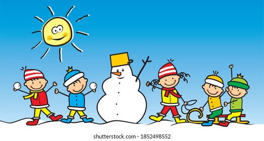 Five little kids with snowman, winter leisure activities, cute vector illustration